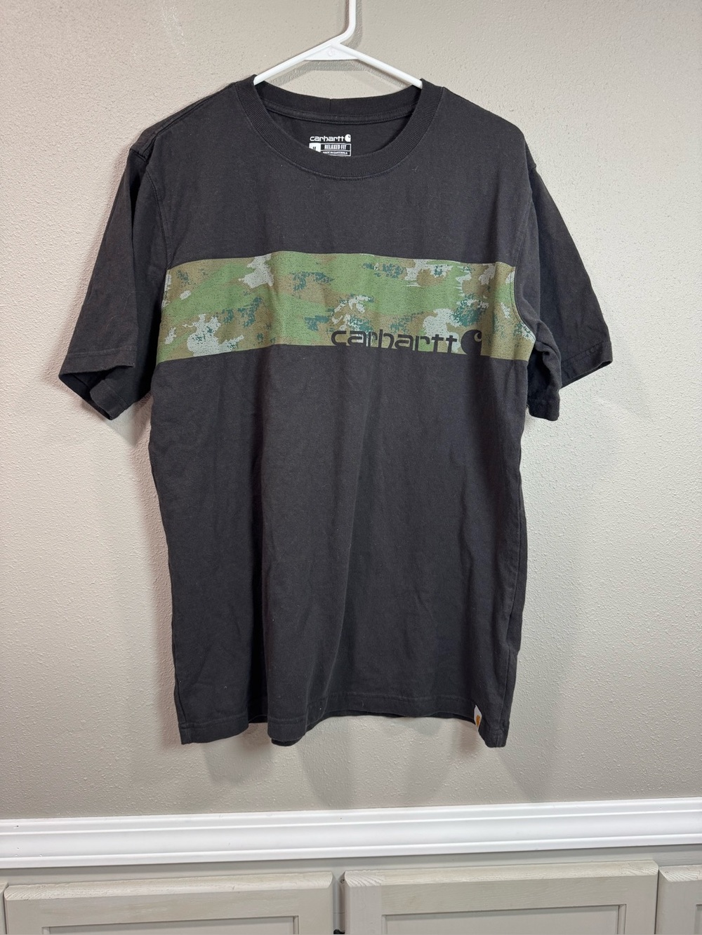 Carhartt Black Tee with Olive Camo Chest Stripe